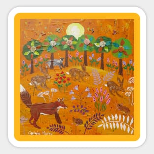 Fox looking at a Hedgehog, hares, badger at Sunset Sticker